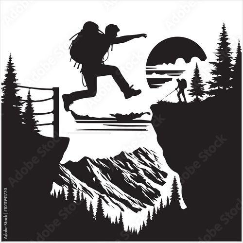 Hiker people joyfully jump from a cliff, framed by a stunning sunset, symbolizing exhilaration and the spirit of adventure.