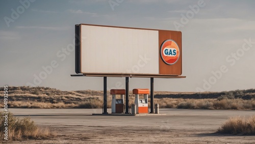 Open Gas Station with Blank Billboard in Desert Landscape