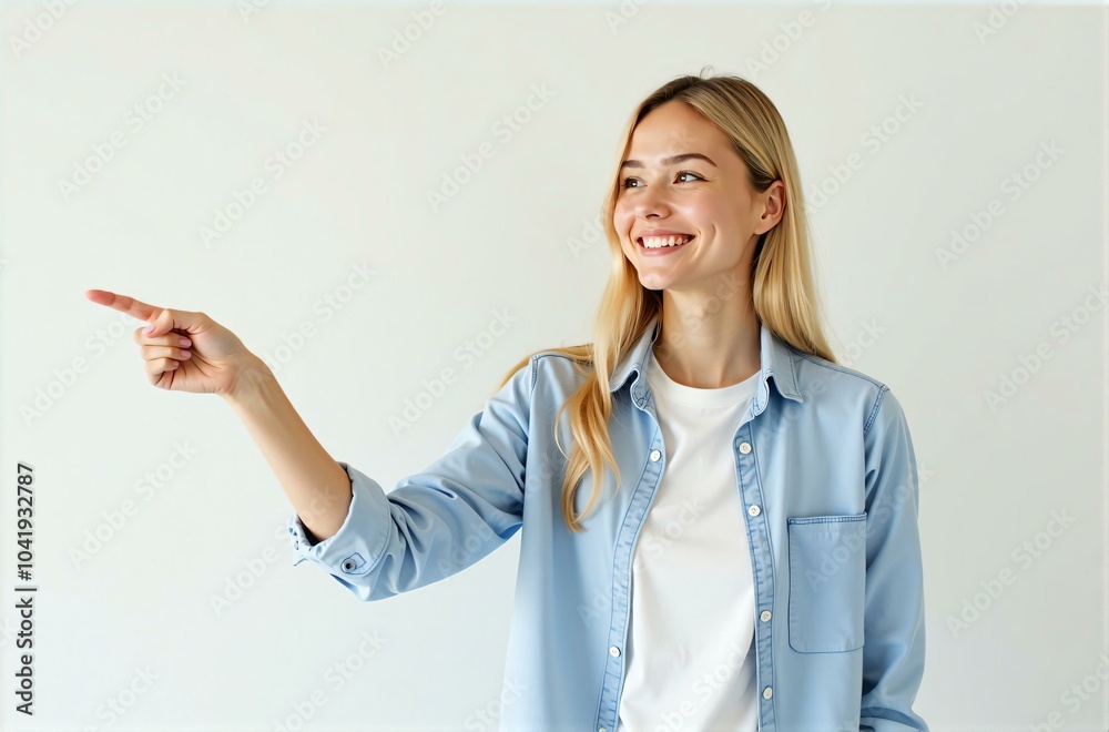 Confident Professional Woman Smiling and Pointing, Representing Leadership, Direction, and Positivity in a Modern Business Environment Confident Professional Woman Smiling and Pointing, Representing Leadership, Direction, and Positivity in a Modern Business Environment