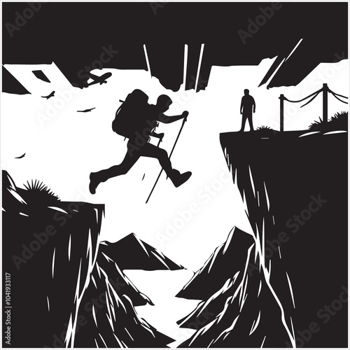 Hiker people joyfully jump from a cliff, framed by a stunning sunset, symbolizing exhilaration and the spirit of adventure.