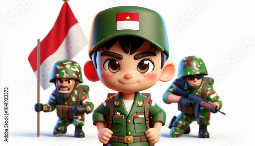 3d render of a boy wearing Indonesia Army uniforms. There is an Indonesia flag behind it on a white background