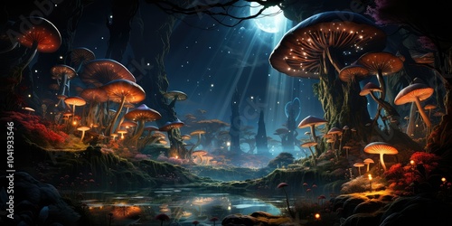 Enchanted forest with glowing mushrooms