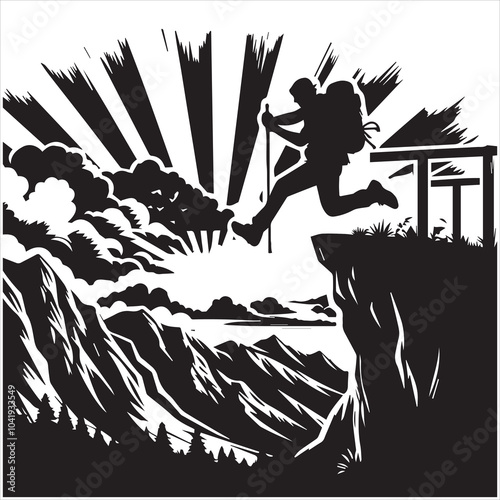 Hiker people joyfully jump from a cliff, framed by a stunning sunset, symbolizing exhilaration and the spirit of adventure.
