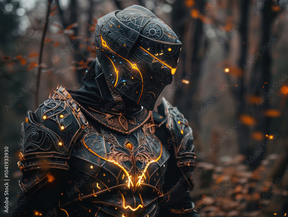 A creative cosplay portrait of a fantasy character with intricate armor and glowing runes, set against a forest backdrop A creative cosplay portrait of a fantasy character with intricate armor and glowing runes, set against a forest backdrop