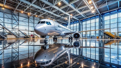 Reflected airplane inside aerospace hangar ready for repair and overhaul