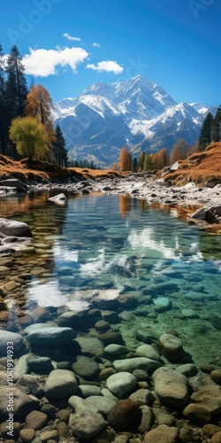 Clear water reflects mountain