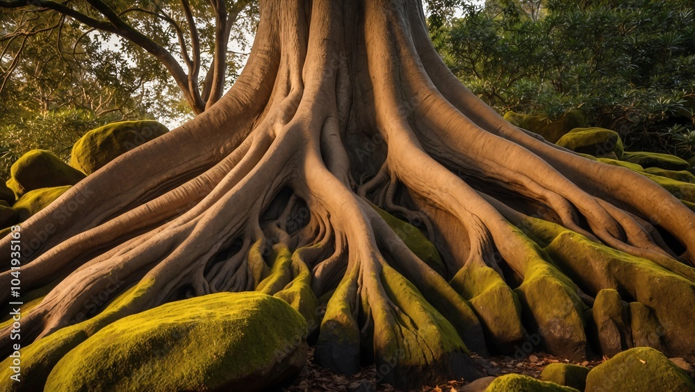 Massive Tree Roots Overgrown with Moss and Rocks Massive Tree Roots Overgrown with Moss and Rocks