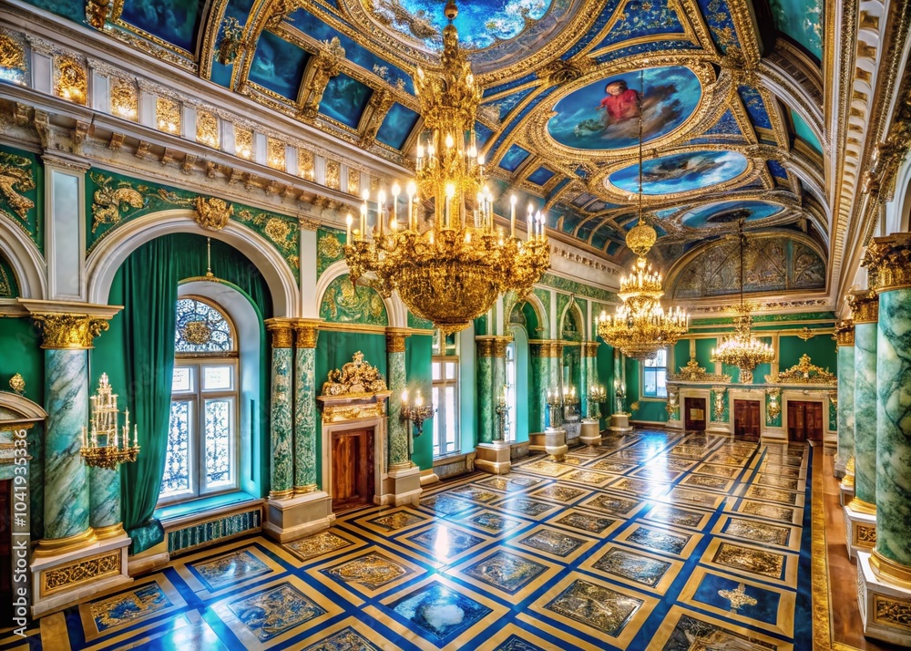 Obraz premium Luxury Palace Interior with Blue Green and Gold Marble for Opulent Wedding Background in Classic Style