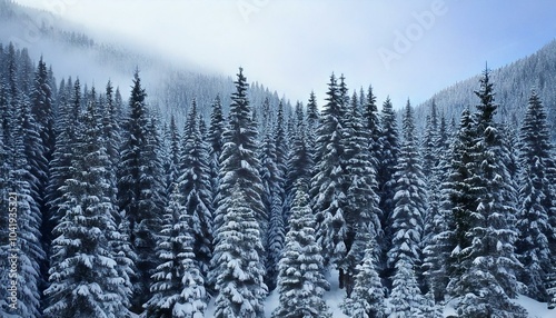 A snowy forest of evergreen trees in the mountains