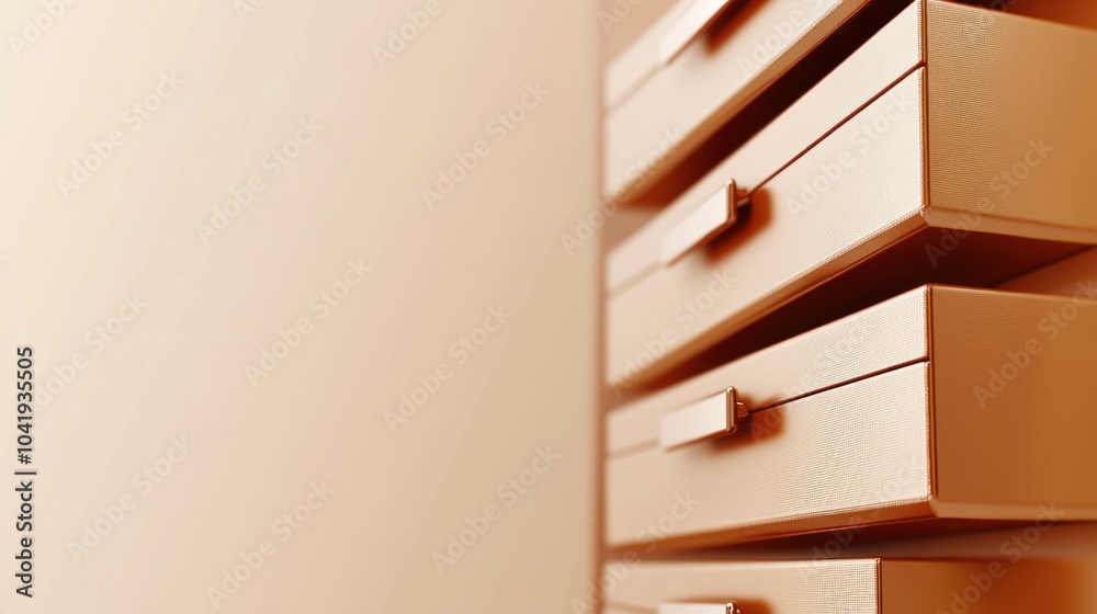 Fototapeta premium Close-up of a set of drawers with a wood-like finish against a light background.