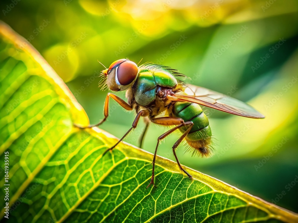 Macro Photography of a Fly Taking Off from Pachira Acquatica Leaves on a Sunny Afternoon Macro Photography of a Fly Taking Off from Pachira Acquatica Leaves on a Sunny Afternoon