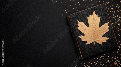 Elegant black notebook with a gold leaf design on a dark background.