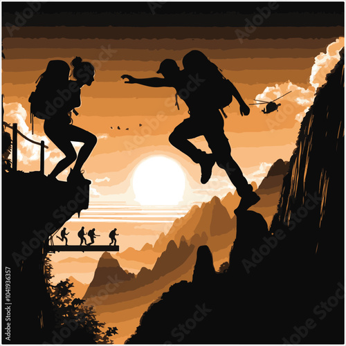 Hiker people joyfully jump from a cliff, framed by a stunning sunset, symbolizing exhilaration and the spirit of adventure.