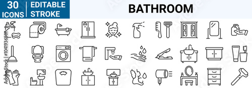 Bathroom web line icon set. Bath, shower, toilet, washbasin, cosmetic, mirror, soap bubble. Vector illustration.