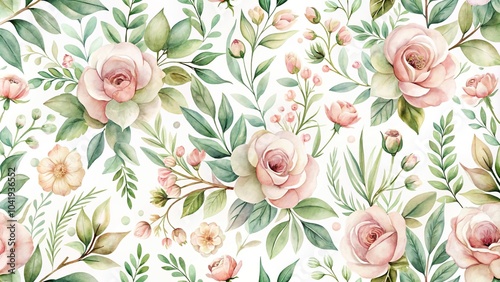 delicate watercolor floral seamless pattern with blush pink blossoms and sage green foliage
