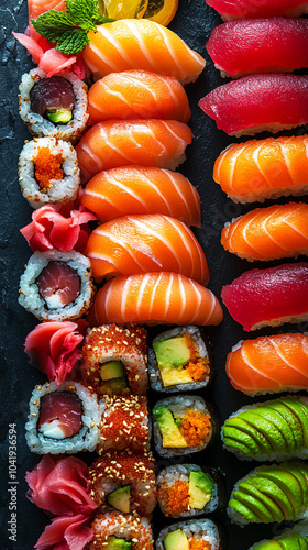 Sushi Platter: Vibrant and Fresh. Restaurant sushi platter. Sushi Platter. sushi platter images. High-quality Japanese cuisine 