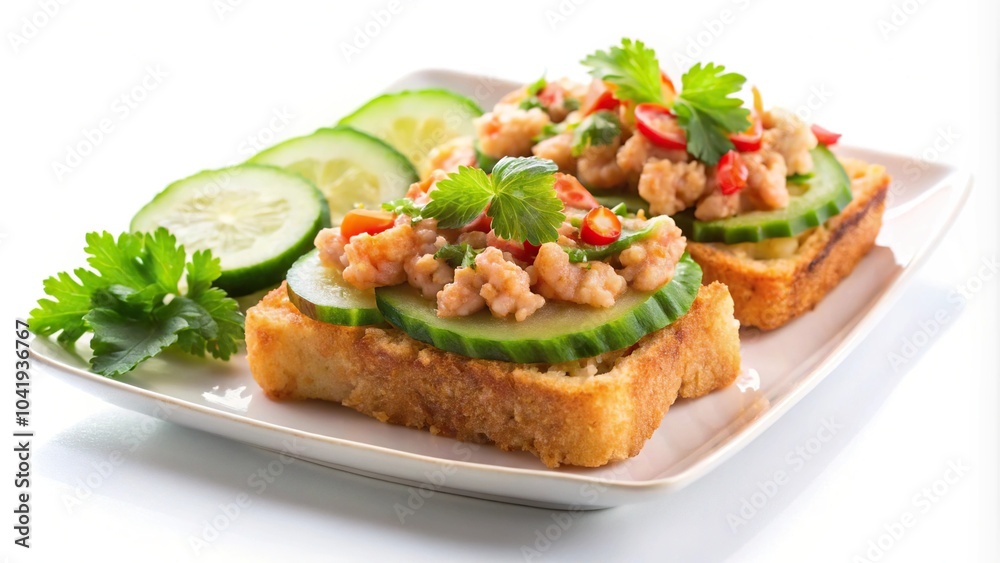 Deep fried minced pork, shrimp toast, cucumber salad, white background Deep fried minced pork, shrimp toast, cucumber salad, white background