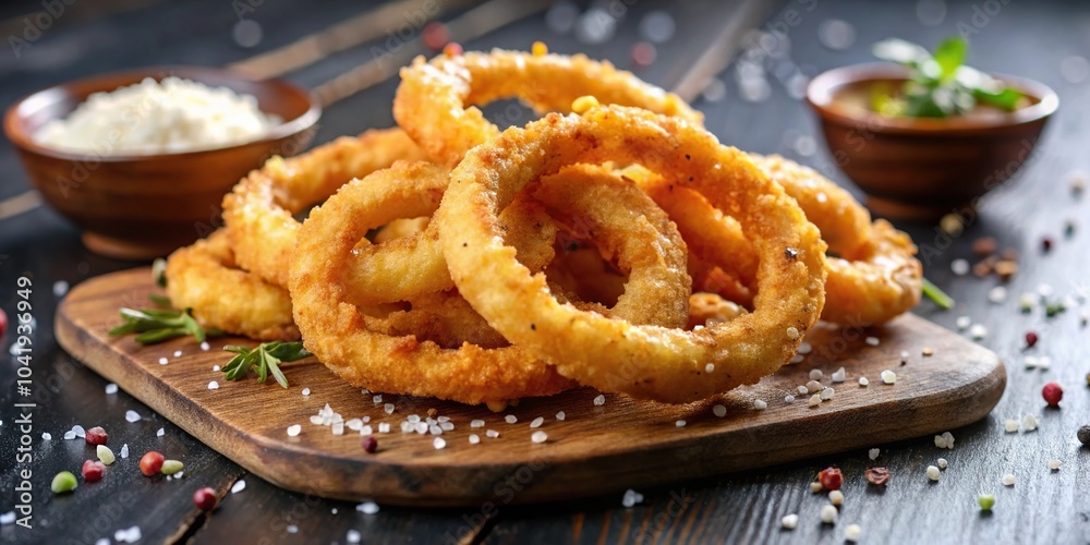 Deep fried onion rings garnished with salt and pepper Deep fried onion rings garnished with salt and pepper