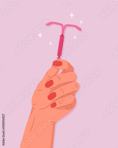 Female hand holding IUD. Method of protecting women from unwanted pregnancy. Intrauterine contraceptive device for female contraception. Birth control, safe sex concept. Vector flat illustration.
