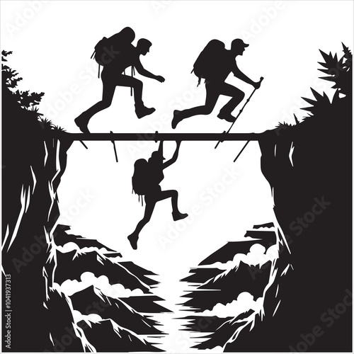 Hiker people joyfully jump from a cliff, framed by a stunning sunset, symbolizing exhilaration and the spirit of adventure.
