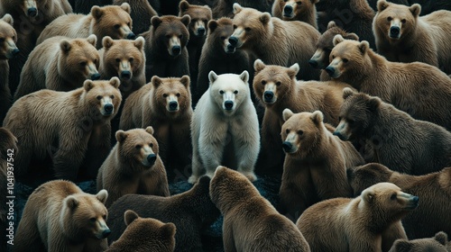 Striking albinism in a crowd of bears photo