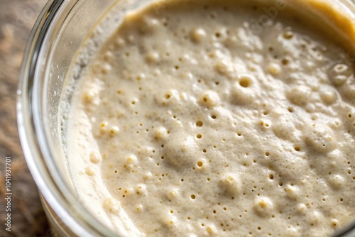 Extreme close-up of sourdough starter batter during fermentation process leavening photo