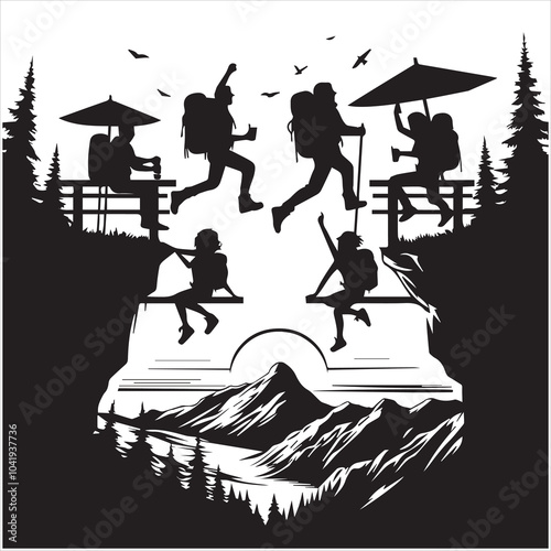 Hiker people joyfully jump from a cliff, framed by a stunning sunset, symbolizing exhilaration and the spirit of adventure.