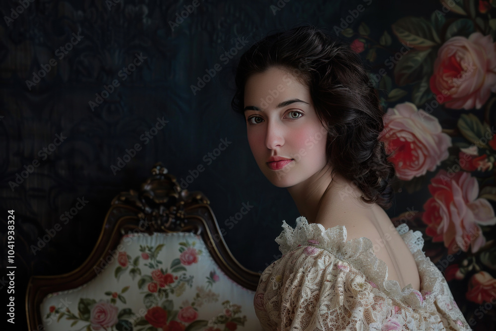 Fototapeta premium A fine art portrait inspired by classical paintings, with the subject dressed in period clothing, posed elegantly against a rich, dark backdrop
