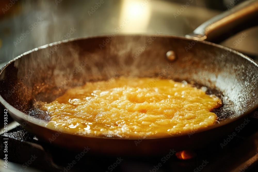 Scrambled eggs cooking in a frying pan, steamy and delicious. Scrambled eggs cooking in a frying pan, steamy and delicious.