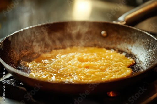 Scrambled eggs cooking in a frying pan, steamy and delicious.