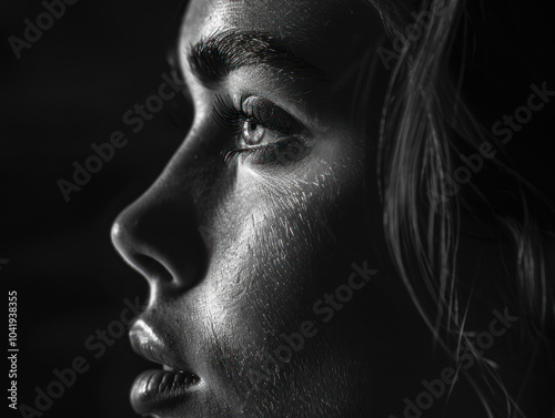 A fine art portrait in black and white, with strong contrasts and delicate lighting to highlight the subject's graceful features