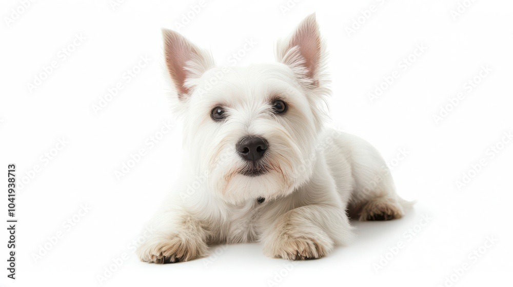 Cute White Dog Lying on White Background Cute White Dog Lying on White Background