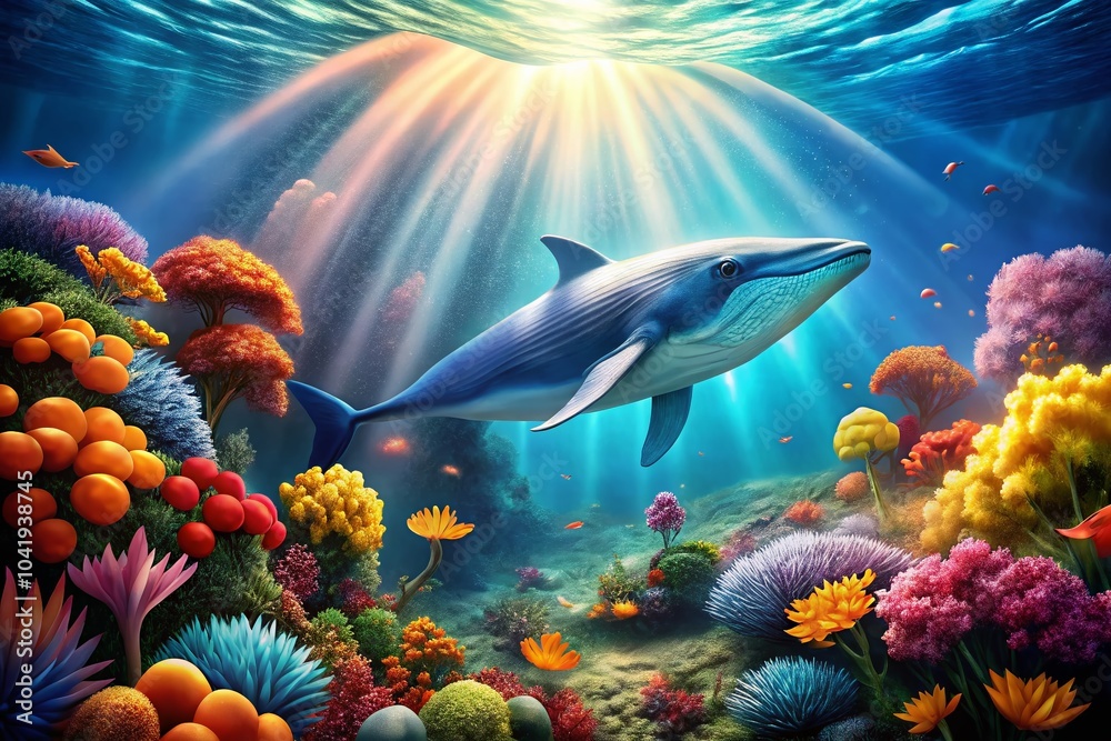 Fototapeta premium Majestic Blue Whale Swimming Among Vibrant Coral Reef at the Ocean Floor