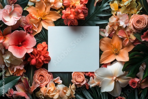 Luxurious Frame of Exotic Flora Highlighting a Blank Canvas