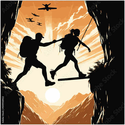 Hiker people joyfully jump from a cliff, framed by a stunning sunset, symbolizing exhilaration and the spirit of adventure.