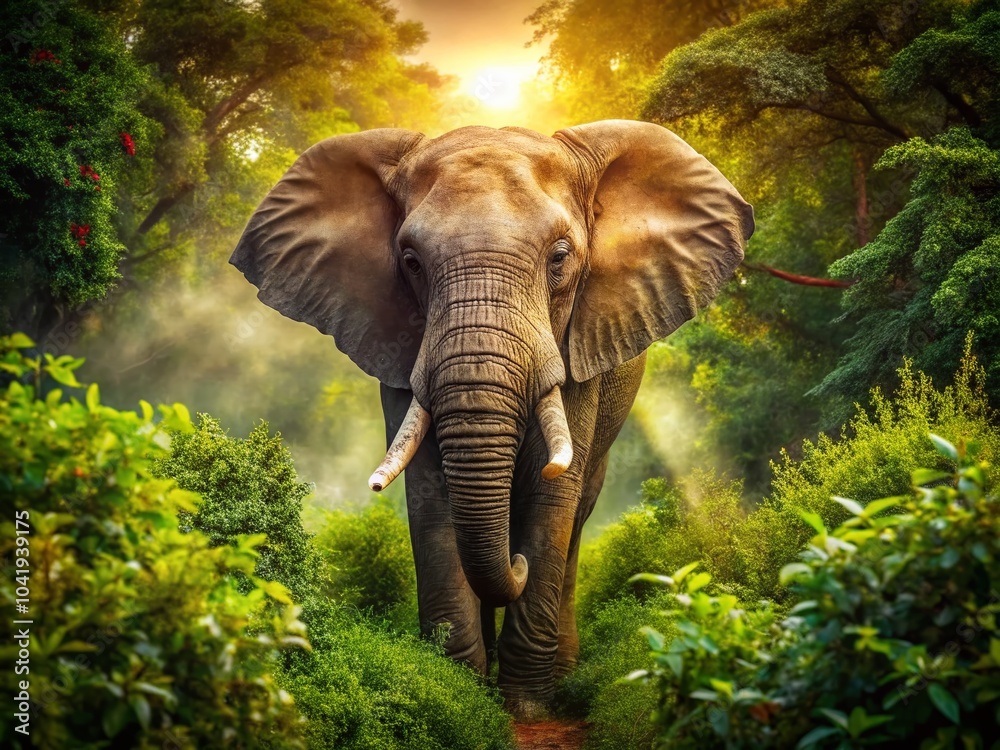 Fototapeta premium Majestic Elephant Among Lush Green Bushes in High Dynamic Range Nature Scene