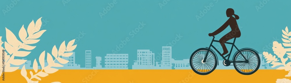 Obraz premium Silhouette of a person riding a bicycle in front of a city skyline.