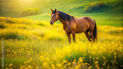 Majestic Horse in a Blooming Meadow with Copy Space for Nature Photography