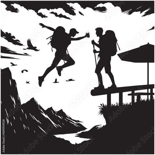 Hiker people joyfully jump from a cliff, framed by a stunning sunset, symbolizing exhilaration and the spirit of adventure.