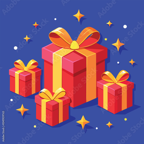 Generative AI illustration of red gifts with golden bows and ribbons placed on blue background