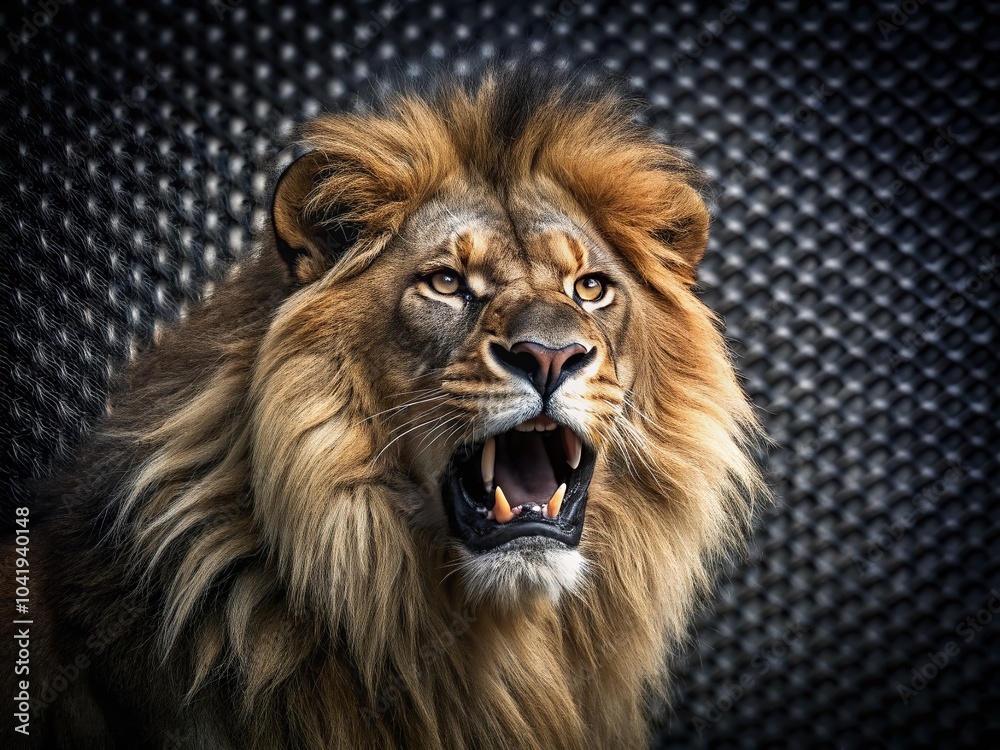 Fototapeta premium Majestic Lion Roaring Portrait with Sharp Fangs and Weave Pattern Background for Text Enhancement