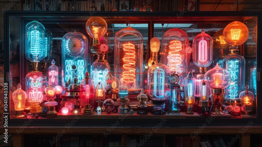 Arrange a neon showcase of atmospheric pressure symbols, including illuminated Arrange a neon showcase of atmospheric pressure symbols, including illuminated