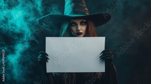 A witch on a mystical background, holding an empty white advertising poster. illustration photo