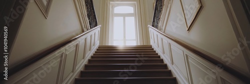 A staircase leading to a bright, illuminated doorway, creating a sense of depth and perspective.