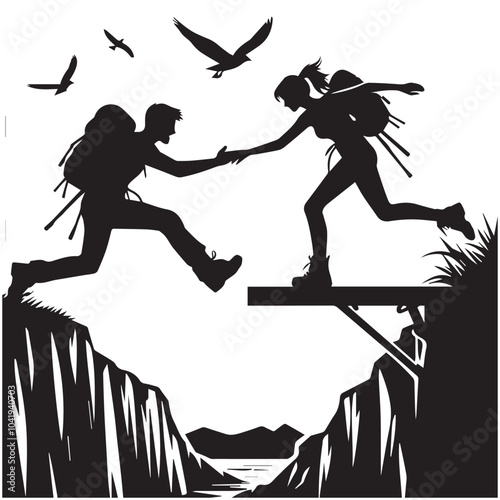 Hiker people joyfully jump from a cliff, framed by a stunning sunset, symbolizing exhilaration and the spirit of adventure.