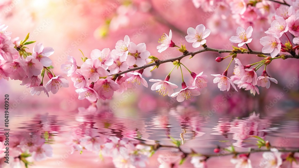 Delicate and dreamy pink cherry blossoms in full bloom reflected in water. Delicate and dreamy pink cherry blossoms in full bloom reflected in water.