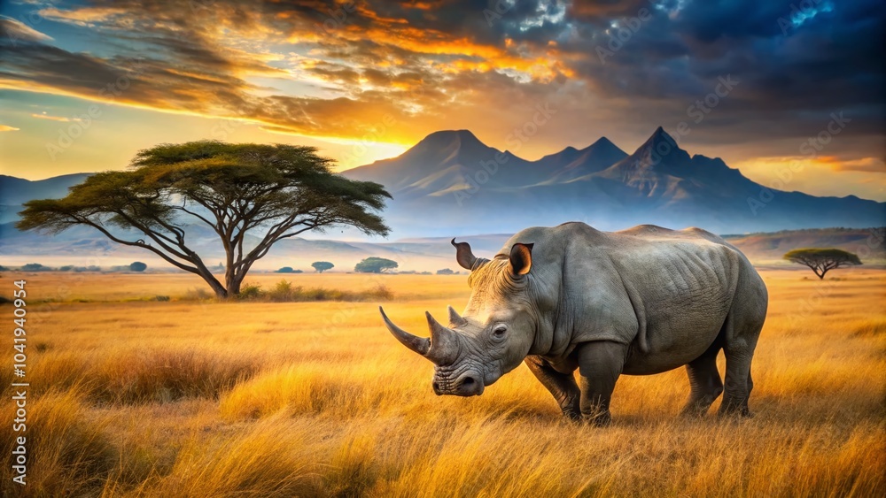 Fototapeta premium Majestic Rhino in a Vibrant African Landscape - High Dynamic Range Photography