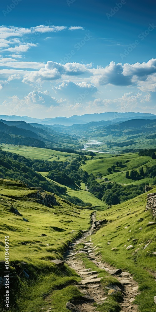 Naklejka premium Stone path through green hills
