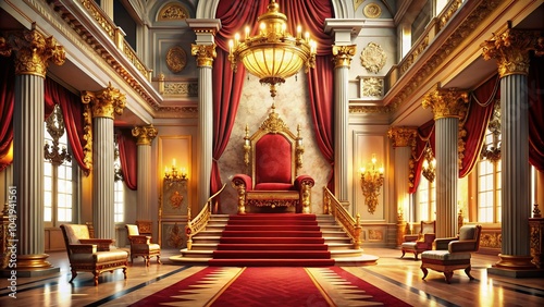 Majestic Throne Room Interior with Gold Accents and Red Carpet for Royal Elegance