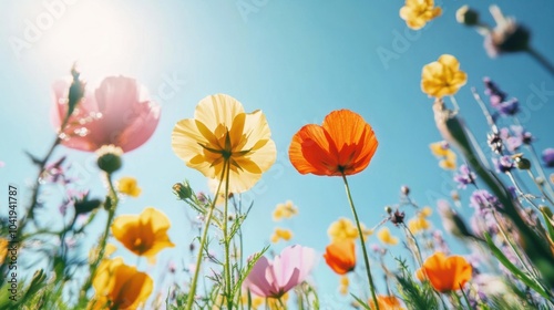 Colorful Wildflowers Under Bright Blue Sky